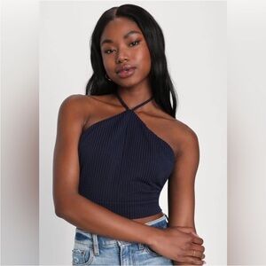 Lulu's Midnight Blue Waffle Knit Crop Halter Top XL